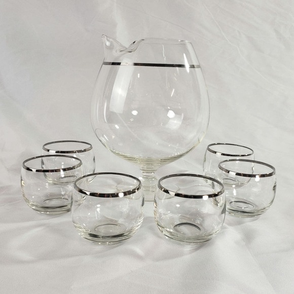 MCM Footed Roly Poly Cocktail Pitcher and 6 Glasses Silver Band Brandy - Picture 2 of 7